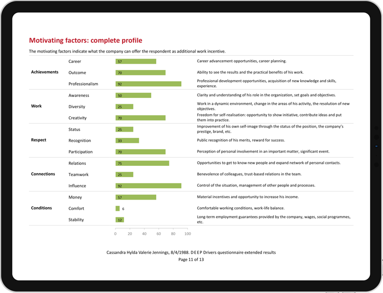 Display of the individual report with the motivating and demotivating factors (PDF or Word file opened on an iPad). The results are shown graphically. This is the fourth selection stage: analysis of how well applicant’s needs match company’s incentives