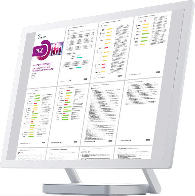 Display of a colorful individual report on numerous pages, based on the results of the comprehensive assessment. There are results based on personality and professional competencies, pages with development recommendations, full personality profile, and a description of strengths and weaknesses. Also portrayed: team behavior, management, and subordination styles